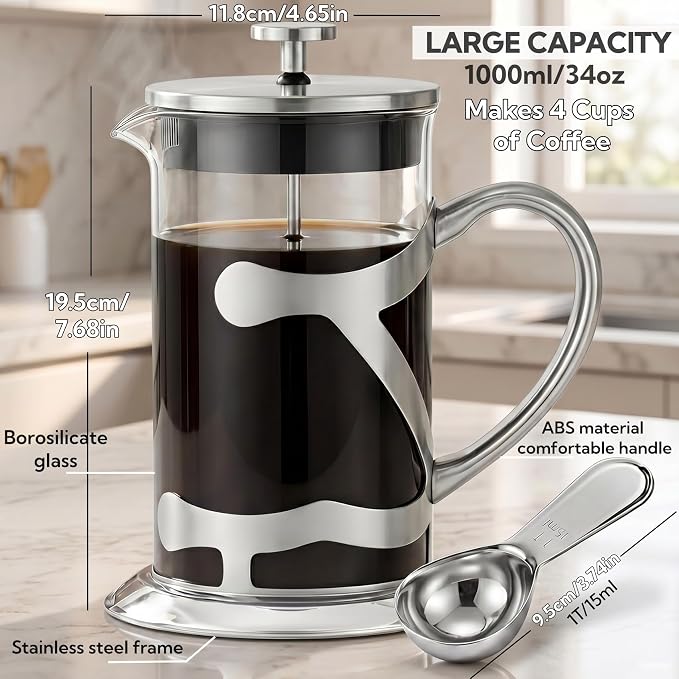 Stainless Steel French Press Coffee Maker 1L, 34oz Heat Resistant Borosilicate Glass Coffee Press with Coffee Measuring Spoon, Manual Brewer for Coffee and Tea