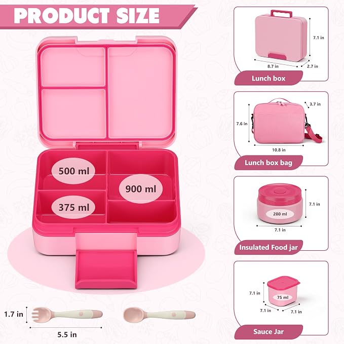 WyfKyd Bento Lunch Box Set with Soup Thermo Food Container for Kids Adults | Bento Box Set with 9.5oz Soup Thermo Kids Leak-proof Lunch Box Container with Insulated Hot Food Jar and Bag for School Pink