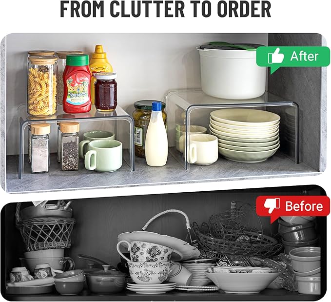 Bobomoment Clear Cabinet Organizer, Stackable Shelf Organizer Set of 2 | Kitchen Pantry Organizers and Storage, Display Cabinet Shelf Countertop Desk Shelves, Patented Spice Organization