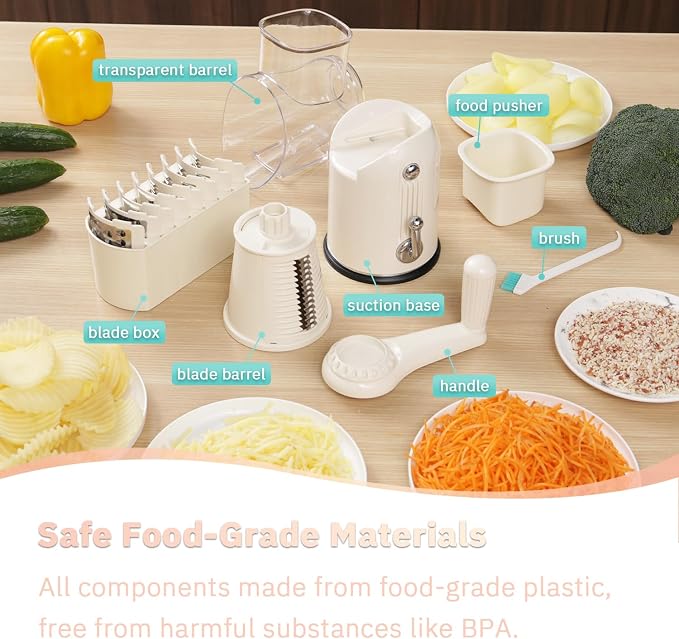 ENERGEVITY Hand Crank Rotary Cheese Grater, 5-in-1 Vegetable Slicer (White) | Easy to clean.Strong suction base.Internal barrel keeps hands away from blades.BPA-free food-grade ABS plastic.