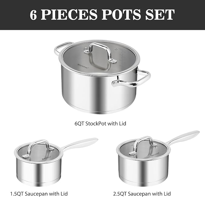 Rorence 3-Piece Stainless Steel Pots and Pans Set,1.5Qt/2.5Qt Saucepans,6Qt | Tri-Ply Base & All Stovetop Compatibility，Glass Lids & Oven Safe Design