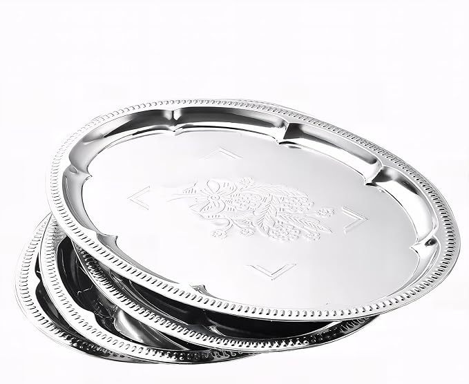 4-Pack 15.7" x 11.8" Silver Serving Trays for Party Set - Lightweight Oval Floral Engraved Silver Platter, Stainless Steel Wedding Vintage Tray for Food, Charcuterie, Cookie, Desserts