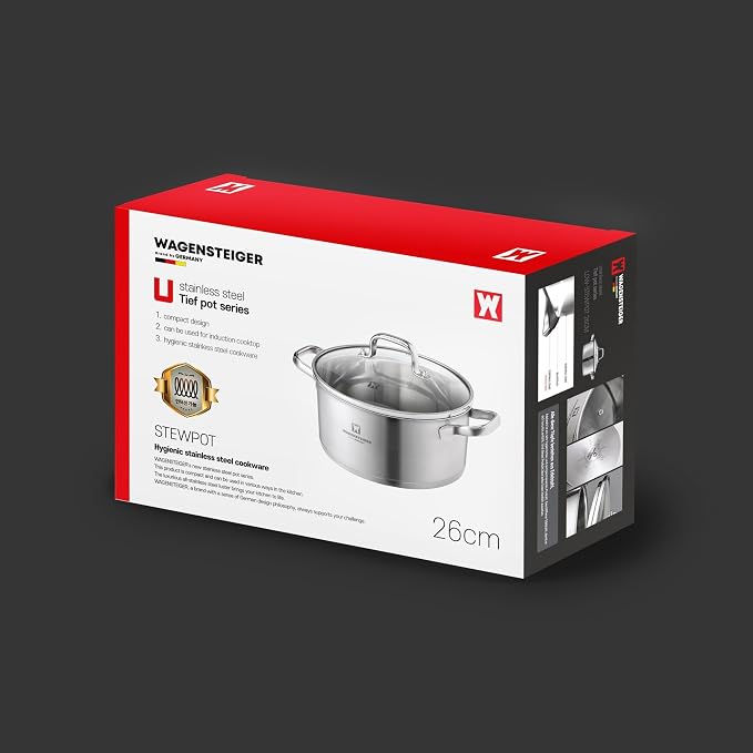 WAGENSTEIGER 7.27-Quart Dutch Oven, Stainless Steel 3-Layer Construction with Aluminum Core, Tempered Glass Lid, Spacious Stock Pot for Boiling, Stewing, Canning – For All Stovetops (9.84" Diameter)