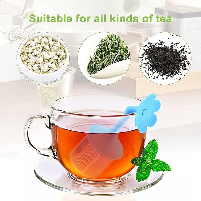 Flower D 4-Pack Silicone Tea Strainers - Extra Fine Mesh Infusers with Silicone Lid for Loose Leaf/Herbal Tea