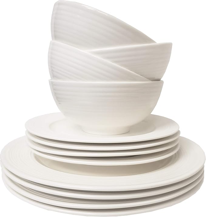 Tabletops Gallery Embossed Bone White Porcelain Round Dinnerware Collection- Chip Resistant Scratch Resistant, Contempo 12 Piece Dinnerware Set (Dinner Plate, Salad Plate, Cereal Bowl)