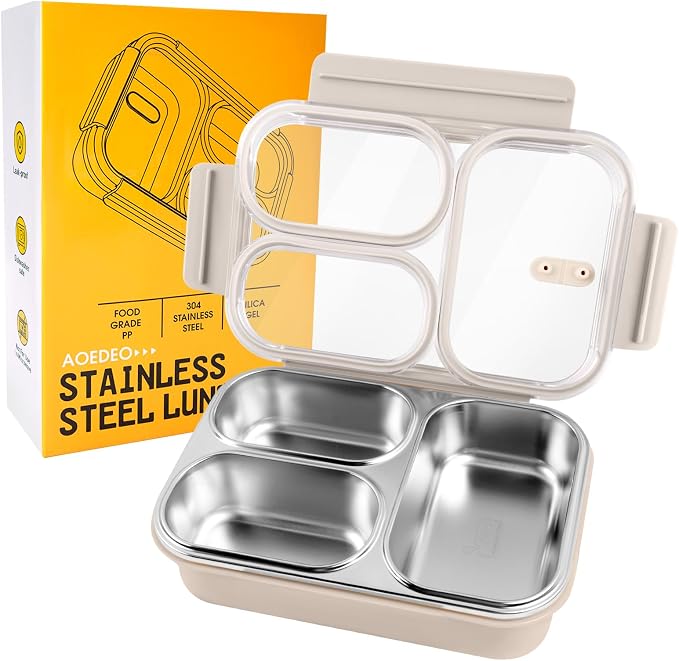 Stainless Steel Lunch Box, 3 Compartments Metal Bento Box for Kids, 25oz Lunch Container with Leakproof Lid, Divided Meal Prep Box for Adults, Kids - Ideal for Office, School, Healthy Eating