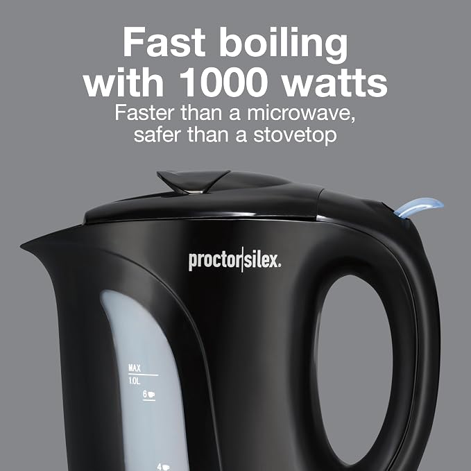 Proctor Silex 1 Liter Electric Tea Kettle, Water Boiler & Heater | Fast Boiling 1000 Watts | Cordless Serving | Auto-Shutoff & Boil-Dry Protection | Black | K2071PS