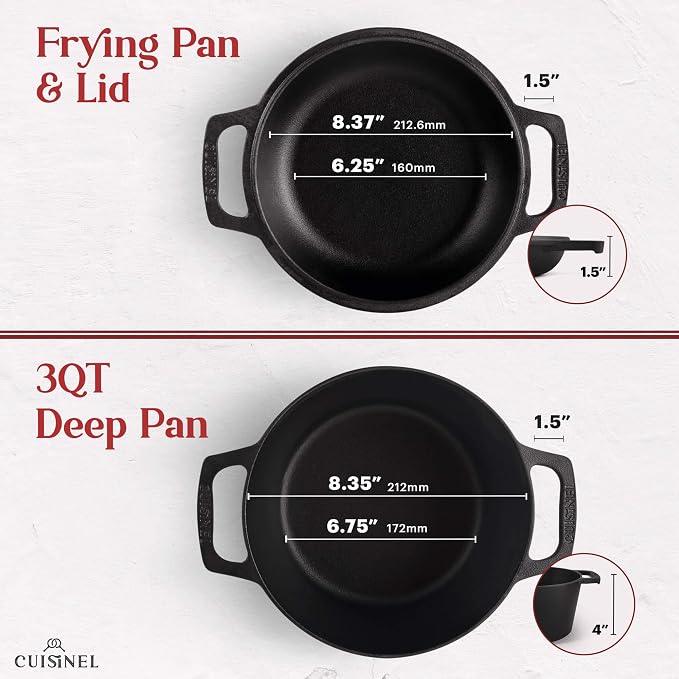 Cuisinel Cast Iron Dutch Oven - 3-Quart Deep Pot - Pre-Seasoned 2-in-1 Multi-Cooker - Combo Lid Doubles as 8"-inch Skillet + Silicone Handle Covers + Scraper - Use for Baking Bread. PFAS and PFOA-free