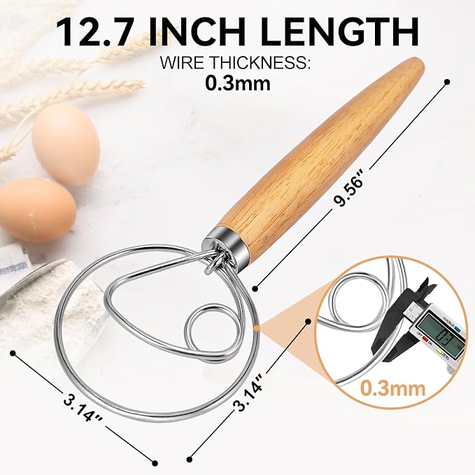 TEEVEA Danish Dough Whisk Wooden Handle Stainless Steel for Sourdough Bread | Dutch Dough Hook, Replaces Hand Mixer and Spoon, Bread Baking Tool, Food Grade Rust Resistant Steel, Non-Stick, Easy to Clean