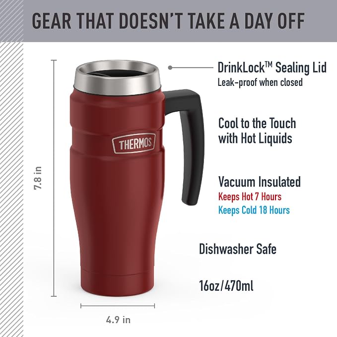 THERMOS Stainless King Travel Mug with Handle, 16oz, Rustic Red | Vacuum-Insulated Travel Mug with Handle for Hot & Cold Drinks, Stainless Steel Coffee Mug with Lid for Commuting