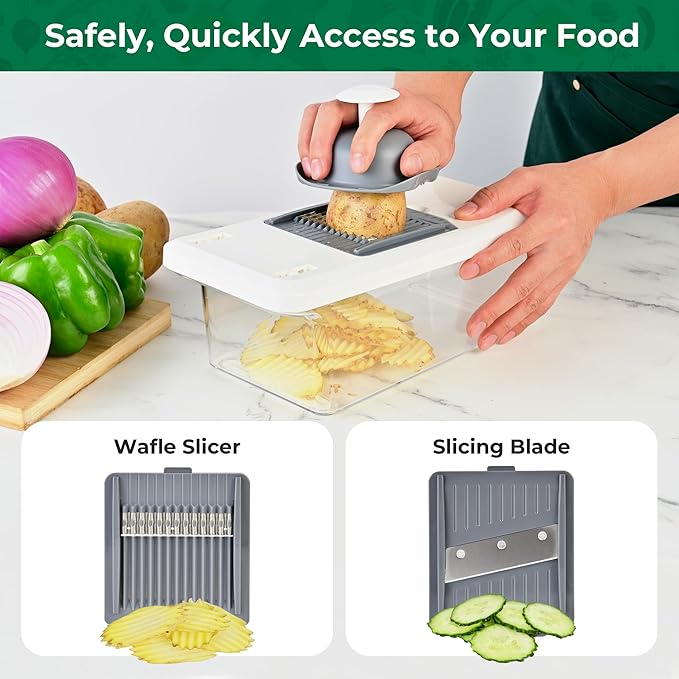 SUSTEAS Vegetable Chopper Mandoline Slicer, 6 Blade Chopper, 10-in-1 Gray | Onion Potato Dicer, Veggie Cutter for Salad, Carrot, Cucumber Home Kitchen Gadgets Accessories Essentials(Grayish White)