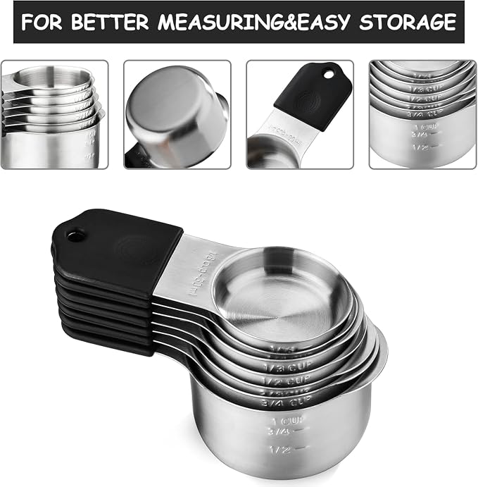Magnetic Measuring Cups and Spoons Set, N52 Magnetic spoons Nesting Design, 304 Stainless Steel measuring cups, BPA Free, Dual-sided Design Set of 15 with Leveler for Dry & Liquid Ingredients Black