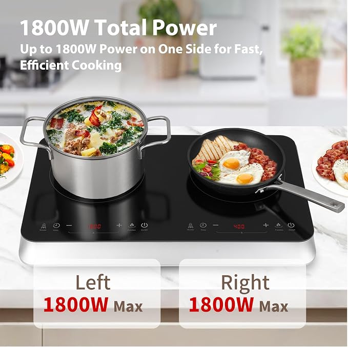 COOKTRON Double Induction Cooktop Burner with Fast Warm-Up Mode, 1800w 2 Burner with 10 Temperature 9 Power Settings, Portable Dual Induction Cooker Cooktop with Child Safety Lock & Time