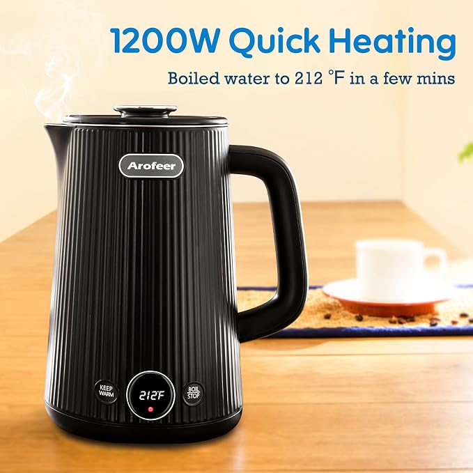 Arofeer® Electric Kettle Temperature Control, 1.7L Stainless Steel Electric Tea Kettle with LED Display, 5 Presets, 4-Hour Keep Warm, Fast Boil Hot Water Kettle for Tea, Coffee & Oatmeal, Black