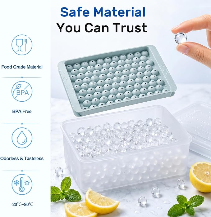 Mini Ice Cube Trays with Lid & Bin, Tiny Pebble Ice Balls for Coffee | Make 208 Mini Ice Balls with 2 Trays, Easy Release, Stackable, Scoop Included, for Iced Coffee, Drinks and Daily Use