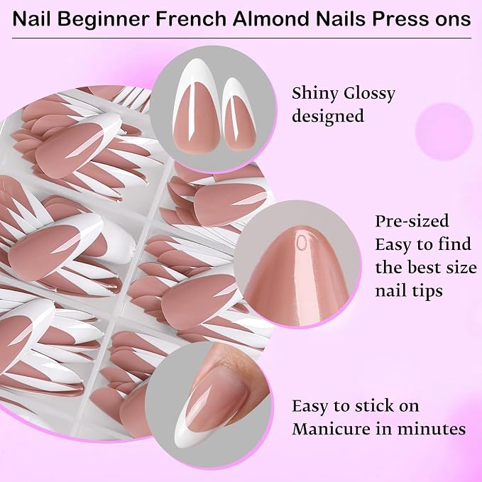 240pc White French Tip Press on Nails Medium Almond Acrylic Nail, Coffee Press ons Fake Nails with Glue & Tabs, 12 Sizes Glue on Nails Medium Press-on Nail Almond Stick on Nail for Women Girls