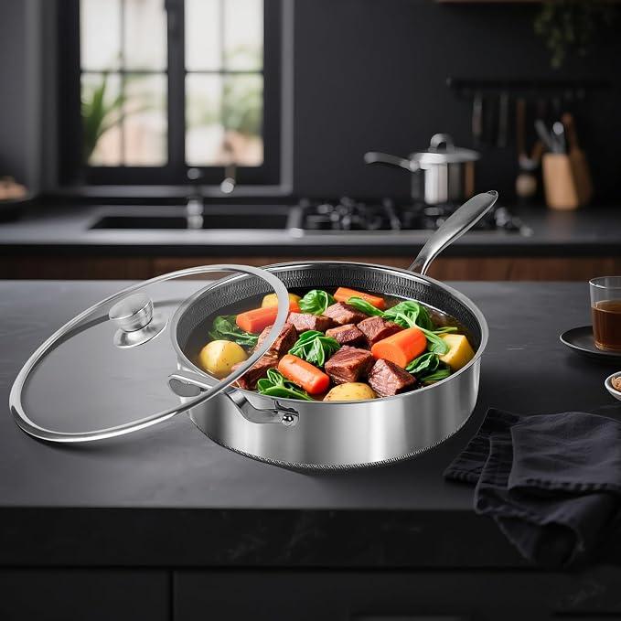 Toutrop Frying Pans Nonstick wih Lid, Non Stick Tri-Ply Stainless Steel Saute Pan, 8 Quarts Large Sauté Pan, 13.5 Inch Induction Cooking Pan, Dishwasher and Oven Safe, PFOA Free