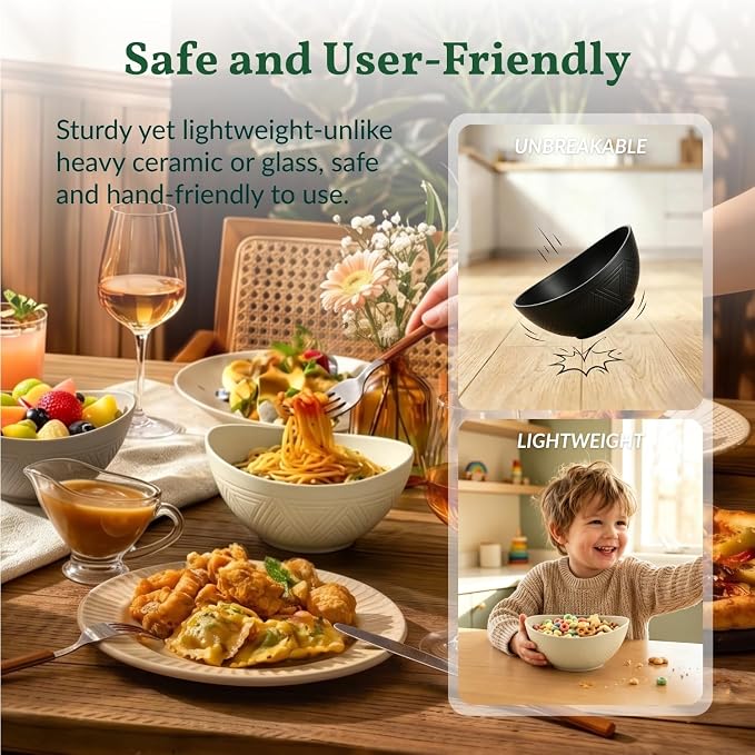 Wheat Straw Bowls 26 OZ Serving Bowls Oval Serving Dishes for Salad, Dinner, Cereal, Snack, Prep, Dessert Bowls Set Unbreakable Camping Bowls Microwave & Dishwasher Safe (6 PCS Grey Stone)