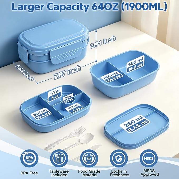 HOMETALL Bento Box Adult with Insulated Lunch Bag - 3 Stackable Leak-Proof Lunch Box Containers for Women & Men - BPA Free Lunchbox with Utensil Set (Spoon, Knife, Fork) for Work, Picnic, Dining Out