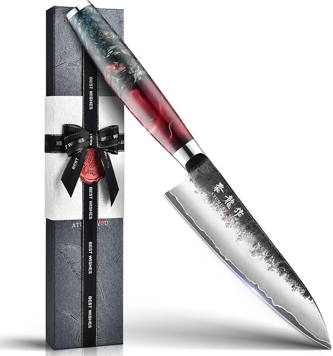 5.5'' Japanese Utility Knife, Black Forged 3-Layer VG10 Steel Core | San-Mai Kurouchi Finish, 62 HRC Hradness, Fine Detail Work, Nimble Blade Control, Resin-Wood Handle, Premium Gift Box