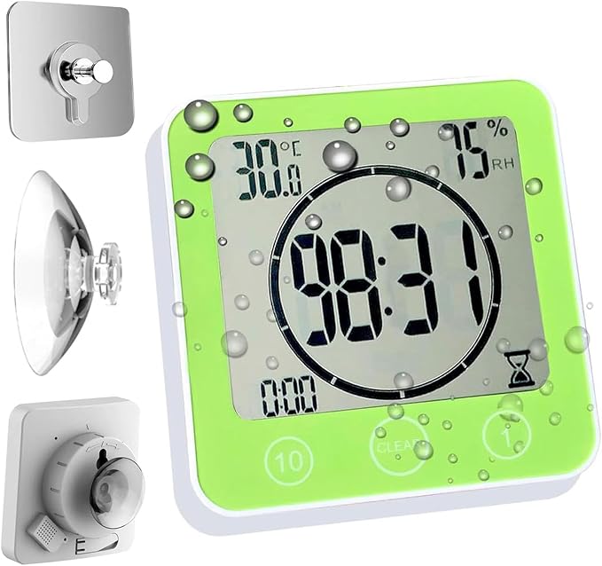 Waterproof Bathroom Wall Clock and Timer, Digital Water Resistant Hanging Timer for Shower, Large Display Kitchen Cooking Countdown Timers, Mirror Suction Clock with Temperature Humidity Meter (Green)