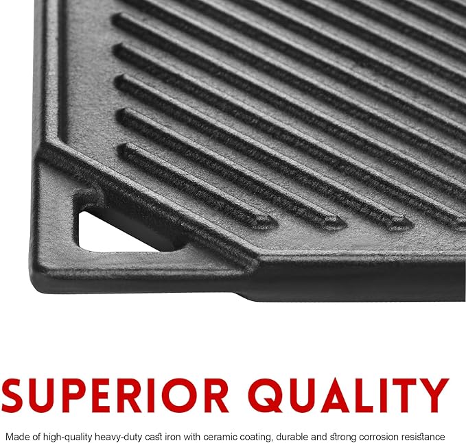 GGC Reversible Cast Iron Griddle, 16.5" x 9.5" Rectangular Griddle Pan | Double Sided Griddle Pan Perfect for Gas Grills, Stove Tops and Outdoor Cooking, Baking Flat and Ribbed Griddle Plate