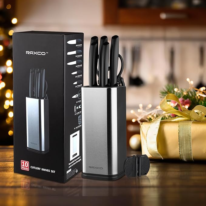 Knife Set,10-Piece Stainless Steel Kitchen Knife Set with Block,Black | Compact Small Countertop Holder,Pro-Sharpened Stainless Steel Chef Knives, Space Saving Knife Set for RV & Apartment