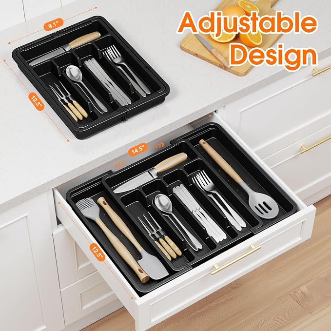 SpaceHacks Silverware Organizer，Adjustable & Expandable Drawer Organizer | Utensil Drawer Organizer, BPA Free Utensil Holder, Cutlery Tray for Forks, Spoons, Knives in Kitchen, Medium, Black
