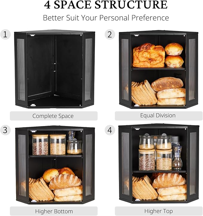 BRONYPRO Corner Bread Box for Kitchen Countertop, Double Layer Bamboo Breadbox with Adjustable Partition, Modern Bread Storage Organizer (Extra Large Black)