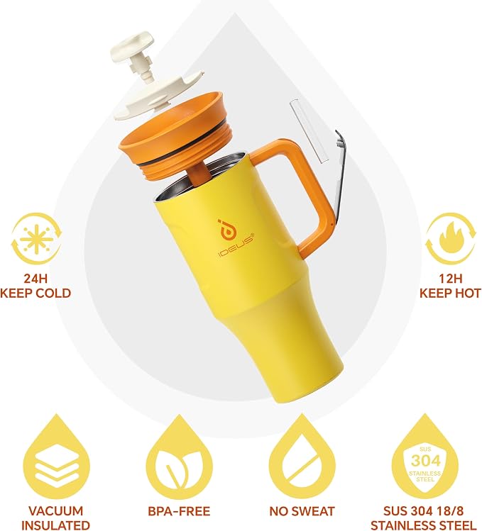 Ideus 32 oz Tumbler with Handle and Straw, Yellow | 100% Leak Proof, Double Wall Vacuum Insulated, Stainless Steel Travel Mug, Cup Holder Friendly