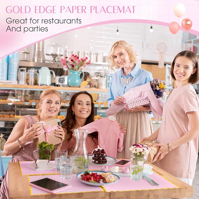 FoldTier 150 Pcs Disposable Paper Placemats Bulk 10"x14" Rectangle Place Mats with Scalloped Edges Dining Table Mat for Wedding Birthday Party Table Decoration(Pink)