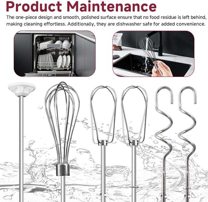 Hand Mixer Attachments Beater for Kitchenaid Hand Mixers KHM3 KHM5 KHM7 KHM9, Including Whisk, Mixing Rod and Dough Hook, Stainless Steel Hand Mixer Accessories (Set of 6)