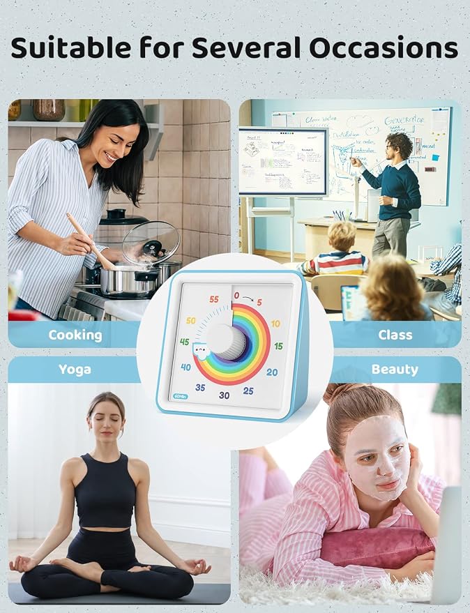 LIORQUE Visual Timer for Kids, 60 Minute Rainbow Countdown Timer, Blue | Non-Ticking, 3 Volume Levels with Mute Function, Timer for Kitchen Cooking Classroom ADHD, 2 AAA Batteries Included