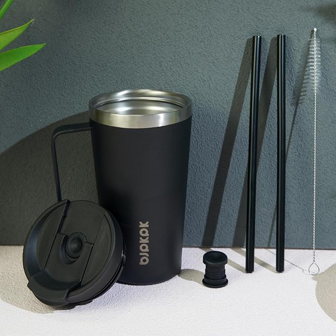 BJPKPK 22oz Insulated Tumbler with Handle, Lid & Straw, Stainless Steel | Double Wall Vacuum Insulated Coffee Travel Mug - Keeps Cold & Hot, BPA Free, Cupholder Fit for Office, Gym & Travel
