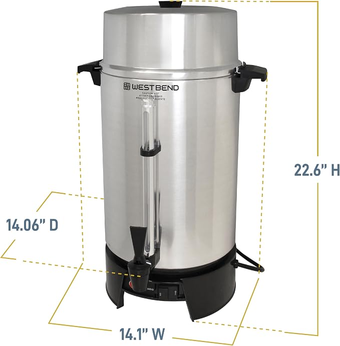 West Bend 33600 Coffee Urn Commercial Highly-Polished Aluminum NSF Approved Features Automatic Temperature Control Large Capacity with Fast Brewing and Easy Clean Up, 100-Cup, Silver