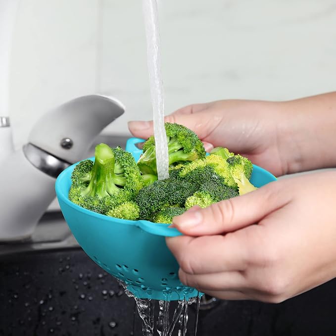Meadow Lane 6-Inch Small Colander, 3-Cup Food Strainer, Light Blue | BPA-free, dishwasher-safe mini colander has a wide, shallow bowl, 1/8-inch holes, two handles, ring foot and smooth edges.