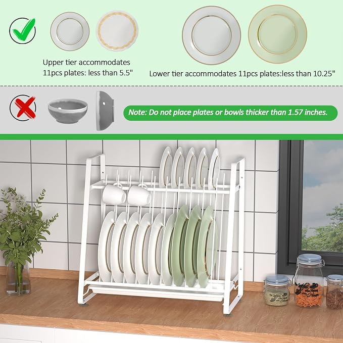 Dish Drying Rack with Drainboard, 11 Slots Upright | 2-Tier Plate Organizer, Countertop/Wall-Mounted Kitchen Dish Holder