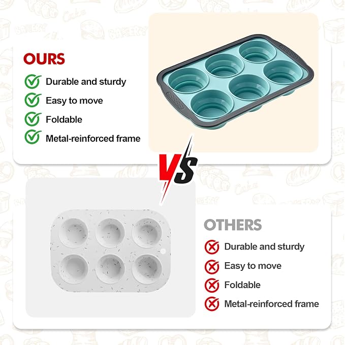 RAYBIN 2 Pack Silicone Muffin Pans for Baking, 6 Cup Nonstick Cupcake Pan | Muffin Tins with Metal Frame, Baking Tray Egg Molds, Easy to Pop, Food Grade, BPA Free, Oven & Dishwasher Safe