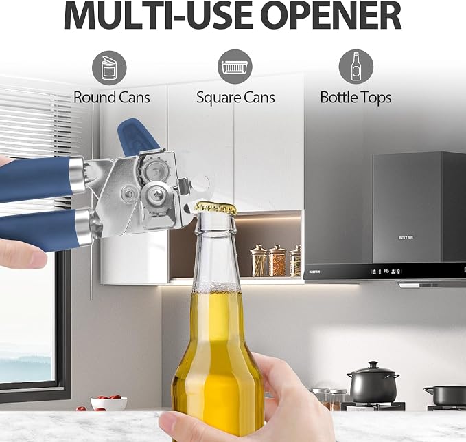 Safring Can Opener Manual, Heavy Duty Handheld Strong Can Opener with Soft Touch Handle, Sharp Blade Smooth Edge, Can Openers with Multifunctional Bottle Opener, Blue