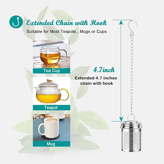 Tea Infuser for Loose Tea, Small 304 Stainless Steel Tea Strainer | Extended Chain Hook, Extra Fine Mesh, Tea Steeper Filter, Fit Mug Cup