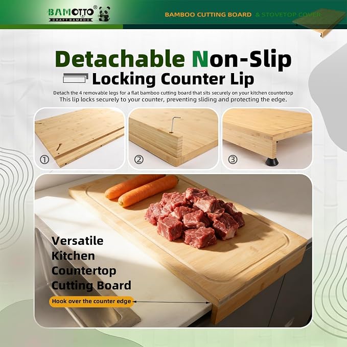 BAMOTTO CRAFTBAMBOO 12.6 x 22 Inch Bamboo Cutting Board — Stovetop Cover, Over the Sink Board with Detachable Legs & Non-Slip Lip, Juice Groove, Kitchen Countertop Extender for Small Kitchen, RV