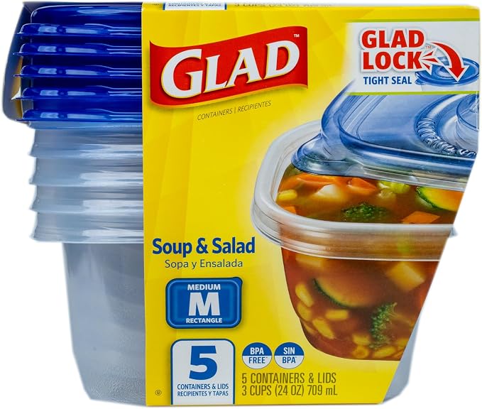 Glad GladWare Medium Rectangle Food Storage Containers, 24 Oz, 5 Count | Airtight, leak-resistant containers for soups, salads, and meal prep; microwave, dishwasher, and freezer safe