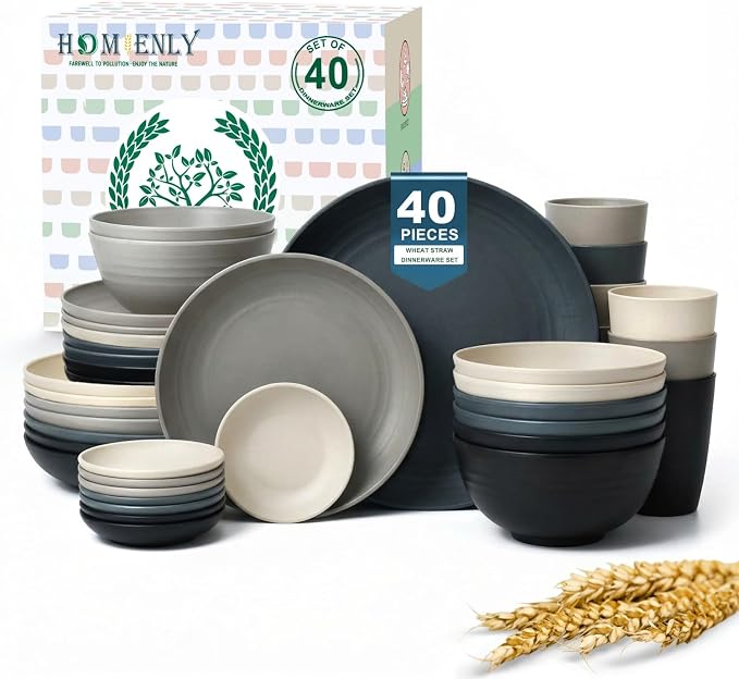 40 PCS Wheat Straw Dinnerwave Sets for 8 Unbreakable Plates and Bowls Sets with Cups & Saucers, Microwave Dishwasher Safe Dishes Sets for Kitchen, Camping, RV, Party, Stackable (Gery Stone)