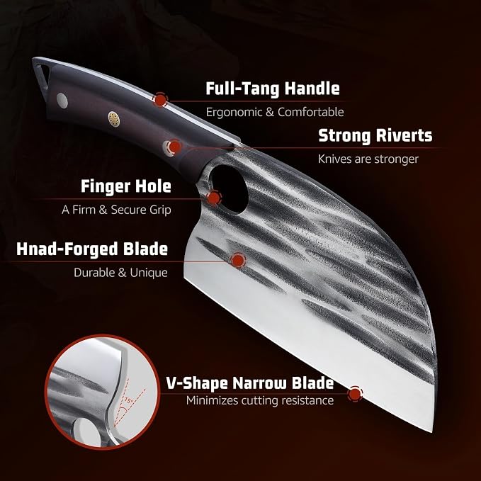 Huusk Upgraded Serbian Chef Knife with Sheath - Hand-forged Butcher Knives | Japanese Heavy Duty Cooking Cleaver with Full Tang Ergonomic Wood Handle for Home, Outdoor Camping, BBQ, Gifts for Men