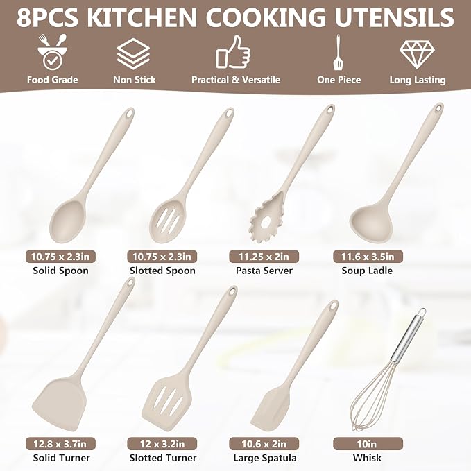 TeamFar Silicone Cooking Utensils Set, 8 PCS Kitchen Utensils Set, Khaki | 446°F Heat Resistant Turner, Spatula, Spoon, Whisk, Kitchen Cooking Gadgets Tools, for Nonstick Cookware, Dishwasher Safe