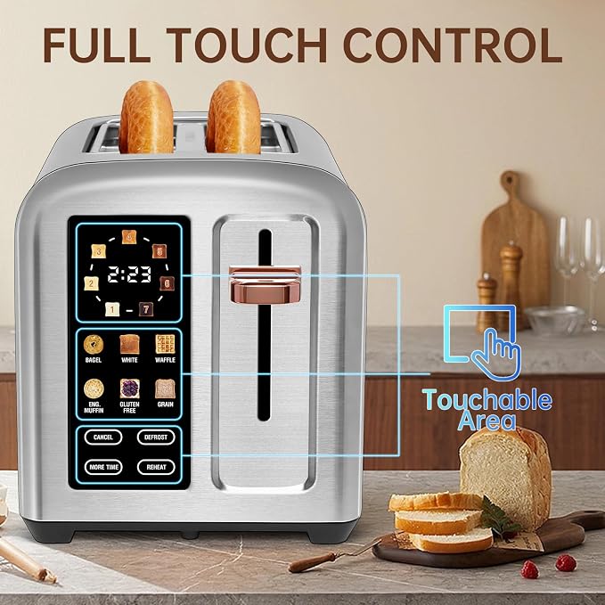 SEEDEEM Touchscreen Toaster 2 Slice, 7 Shade, Stainless, 1350W Silver Metallic