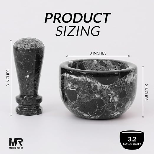 Marble Mortar and Pestle Set Black 3" Inches Handmade Garlic Crusher & Grinder Bowl, Mini Mortar and Pestle for Kitchen - Herb Grinder Spice Grinder
