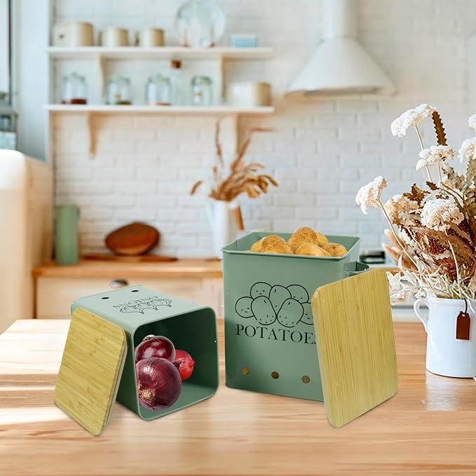 Kitchen Vegetable Storage Tins Set of 2, Onion and Potato Storage Bins with Wooden Lid and Aerating Holes, Garlic Bin Caddy, Vintage Kitchen Decor, Green