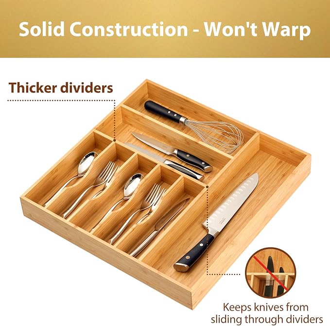 Large Kitchen Drawer Organizer, 19"x20" Silverware Utensils Organizer, 2.5" High for Large Deep Drawers, Bamboo Flatware Holder with Thick Frames, Sturdy Kitchen Organization Tray