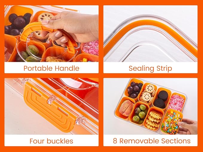 Dingerjar Divided Serving Tray with Lid and Handle - Snackle Box Charcuterie Container for Portable Snack Platters Organizer for Candy, Fruits, Nuts, Snacks - Perfect for Party, Entertaining, Orange